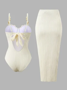 Sirith Women's White Summer Tropical Holiday Vacation Holiday Spaghetti Strap Beaded Textured Wavy Backless High Cut One Piece Swimsuit Set With Slit Skirt - Beige - View 5