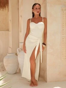Sirith Women's White Summer Tropical Holiday Vacation Holiday Spaghetti Strap Beaded Textured Wavy Backless High Cut One Piece Swimsuit Set With Slit Skirt - Beige - View 7