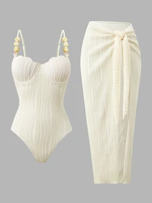 Sirith Women's White Summer Tropical Holiday Vacation Holiday Spaghetti Strap Beaded Textured Wavy Backless High Cut One Piece Swimsuit Set With Slit Skirt - Beige - View 12