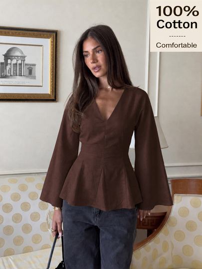 Siren Gaze Women's Solid Color V-Neck Flare Sleeve Cinched Waist Fashion Blouse