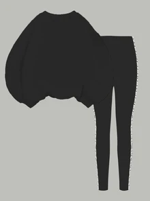 Tween女孩休閒極簡波點3D蝴蝶結甜酷全黑兩件套，圓領落肩休閒衛衣與修身內裡加絨打底褲，適合秋冬，舒適秋季與冬季風格，秋季新款，返校運動風 - 彩色 - 查看 6