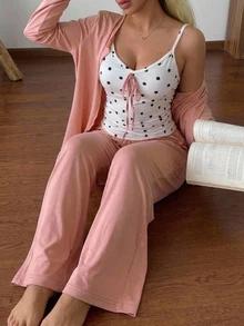Dazy Plus Elegant Knit 3 Pieces Set Long Pants Loungewear Cute Pajama Set - Pink - View 1
