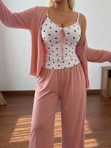 Dazy Plus Elegant Knit 3 Pieces Set Long Pants Loungewear Cute Pajama Set - Pink - View 2