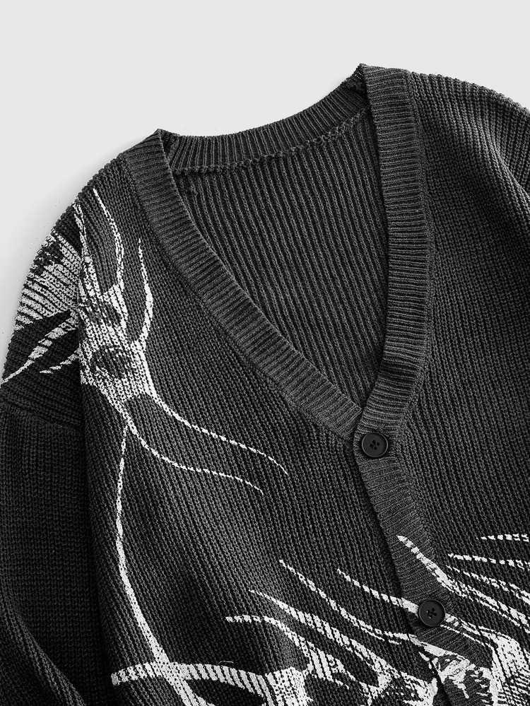 ROMWE MEN Men's Loose Low Neck Centipede Print Dark Streetwear Cardigan Sweater - Dark Grey - View 4