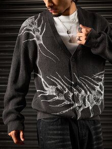 ROMWE MEN 男士寬鬆低領蜈蚣印花深色街頭風開襟針織衫 - 深灰色 - 查看 9