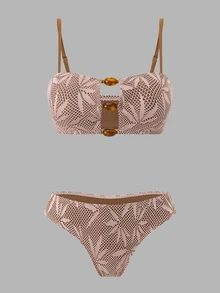 SHEIN Swim 2026新款女士夏季沙滩优雅休闲度假吊带镂空串珠露背性感树叶纹理特殊面料高腰裹身长裙比基尼高端三件套 - 棕色 - 查看 3