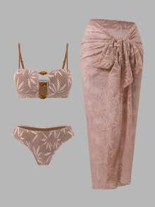 SHEIN Swim 2026新款女士夏季沙滩优雅休闲度假吊带镂空串珠露背性感树叶纹理特殊面料高腰裹身长裙比基尼高端三件套 - 棕色 - 查看 7