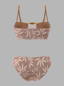 SHEIN Swim 2026新款女士夏季沙滩优雅休闲度假吊带镂空串珠露背性感树叶纹理特殊面料高腰裹身长裙比基尼高端三件套 - 棕色 - 查看 8