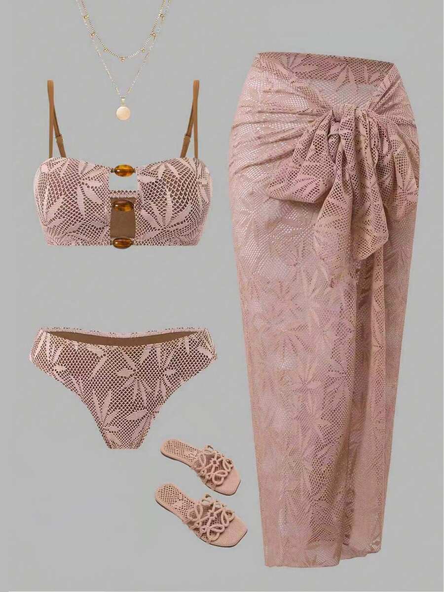 SHEIN Swim 2026新款女士夏季沙滩优雅休闲度假吊带镂空串珠露背性感树叶纹理特殊面料高腰裹身长裙比基尼高端三件套 - 棕色 - 查看 1