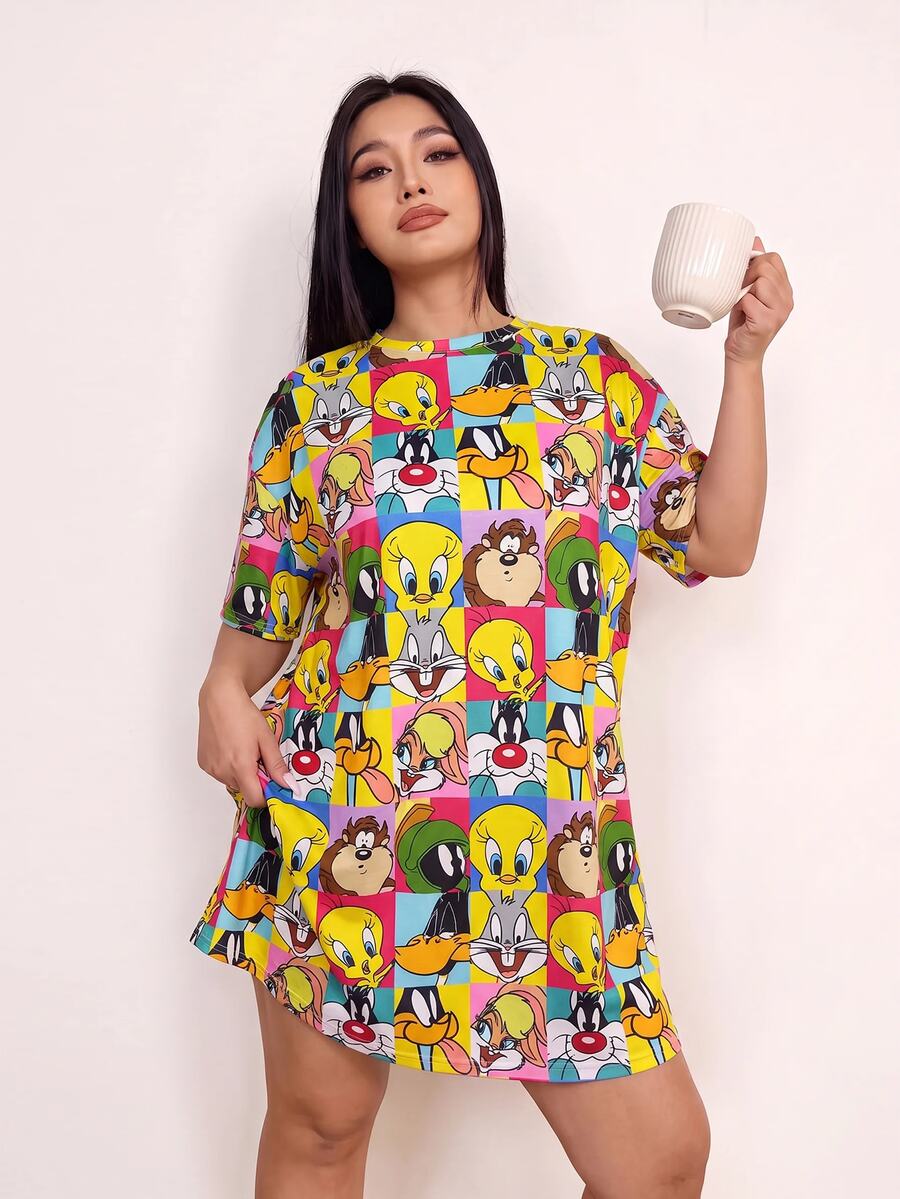 LOONEY TUNES X SHEIN 女款大尺碼印花短袖睡裙寬鬆連身裙秋季服飾 - 彩色 - 查看 1