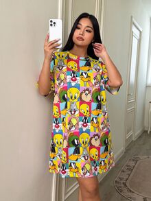 LOONEY TUNES X SHEIN 女款大尺碼印花短袖睡裙寬鬆連身裙秋季服飾 - 彩色 - 查看 4