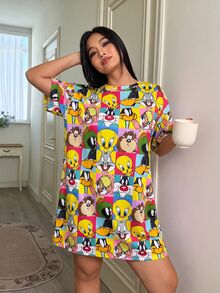 LOONEY TUNES X SHEIN 女款大尺碼印花短袖睡裙寬鬆連身裙秋季服飾 - 彩色 - 查看 5