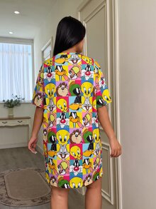 LOONEY TUNES X SHEIN 女款大尺碼印花短袖睡裙寬鬆連身裙秋季服飾 - 彩色 - 查看 2