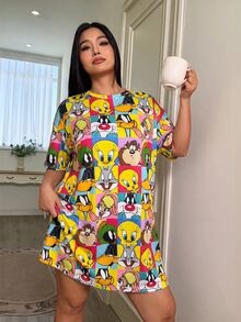 LOONEY TUNES X SHEIN 女款大尺碼印花短袖睡裙寬鬆連身裙秋季服飾 - 彩色 - 查看 3