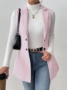 RosyDaze Women's Polka Dot Collar Sleeveless Tweed Jacket - Pink - View 5