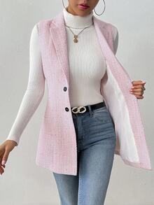 RosyDaze Women's Polka Dot Collar Sleeveless Tweed Jacket - Pink - View 8