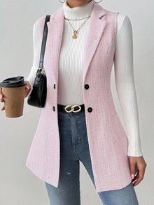 RosyDaze Women's Polka Dot Collar Sleeveless Tweed Jacket - Pink - View 3