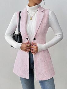 RosyDaze Women's Polka Dot Collar Sleeveless Tweed Jacket - Pink - View 7