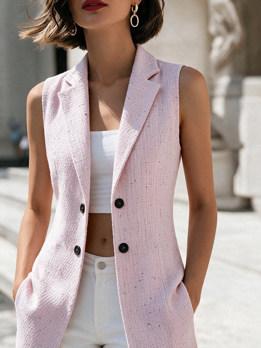 RosyDaze Women's Polka Dot Collar Sleeveless Tweed Jacket - Pink - View 1