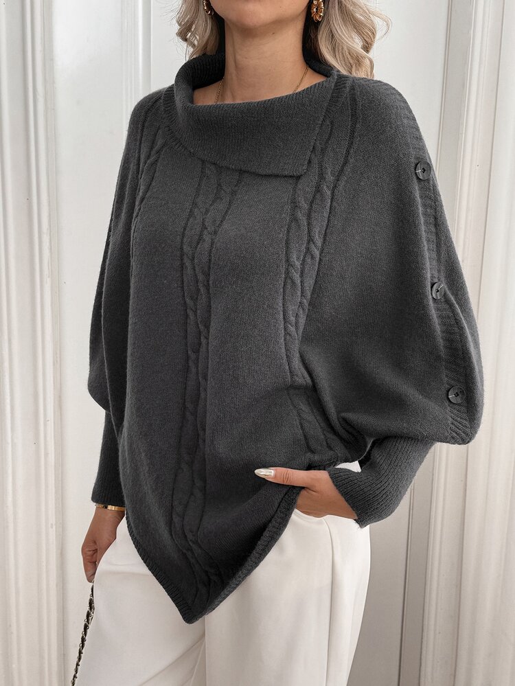 Breezaya Women's Button Streetwear Asymmetrical Hem Sweater - Grey - View 4