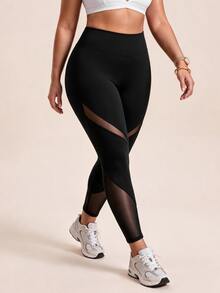 SHEIN Rhythm Era Women's Plus Size Mesh Patchwork Sports Capris - Black - View 3