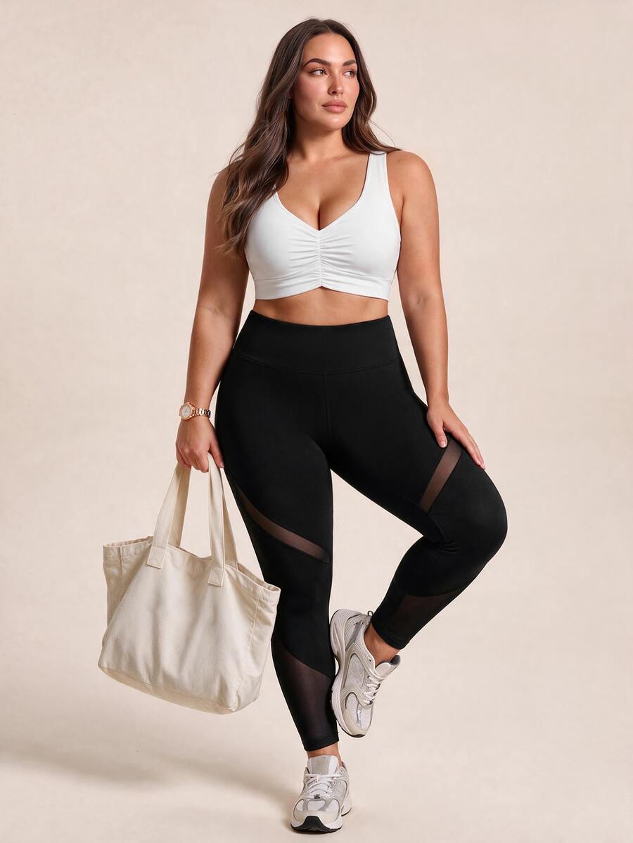 SHEIN Rhythm Era Women's Plus Size Mesh Patchwork Sports Capris - Black - View 1