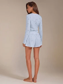 Athîral Women's Ditsy Floral Long Sleeve Top And Shorts Loungewear Set Lounge Blue Floral Autumn Cute - Baby Blue - View 2