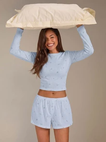 Athîral Women's Ditsy Floral Long Sleeve Top And Shorts Loungewear Set Lounge Blue Floral Autumn Cute - Baby Blue - View 3