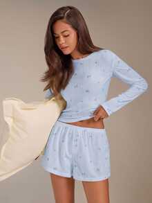 Athîral Women's Ditsy Floral Long Sleeve Top And Shorts Loungewear Set Lounge Blue Floral Autumn Cute - Baby Blue - View 4