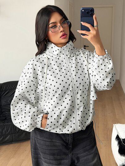 Coolane Women's Plus Size Fall Winter Streetwear Going Out Date Night Office Wear Sport Vintage Black Polka Dot White Jacket Coat