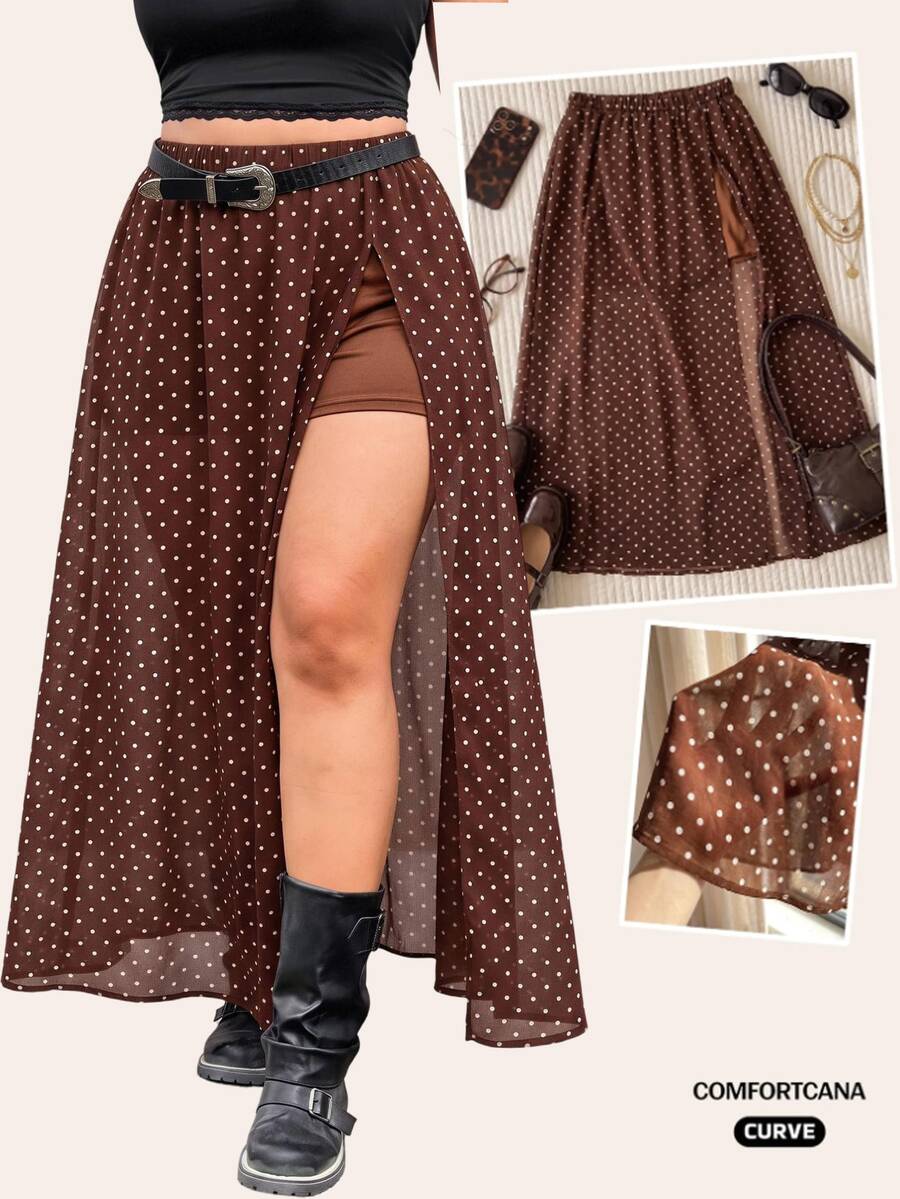 Comfortcana Plus Size Women Spring Summer Polka Dot Print High Slit Skirt Fall - Brown - View 1