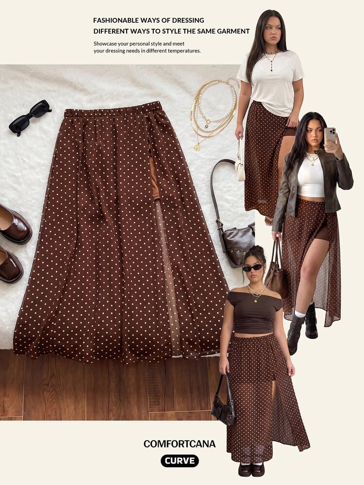 Comfortcana Plus Size Women Spring Summer Polka Dot Print High Slit Skirt Fall - Brown - View 8