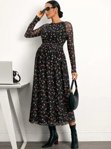 MaterniWear 優雅新款花卉 A 字孕婦洋裝（圓領、長袖）– 適合工作/通勤（秋季） - 黑色 - 查看 8