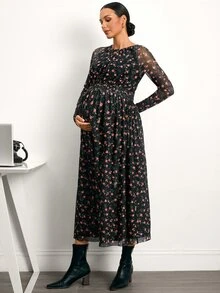 MaterniWear 優雅新款花卉 A 字孕婦洋裝（圓領、長袖）– 適合工作/通勤（秋季） - 黑色 - 查看 6