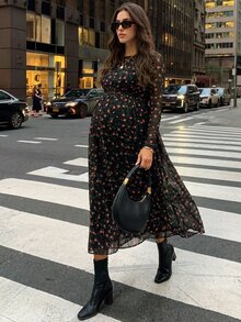 MaterniWear 優雅新款花卉 A 字孕婦洋裝（圓領、長袖）– 適合工作/通勤（秋季） - 黑色 - 查看 1