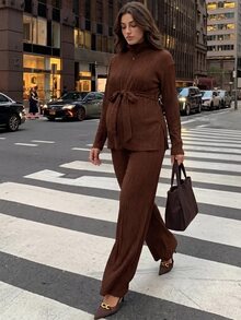 MaterniWear Maternity Two Pieces Set: Brown Side-Slit Top And Trousers (With Nursing Function) – Front-Zip Nursing Access – Elegant Workwear – Autumn Style - Brown - View 3