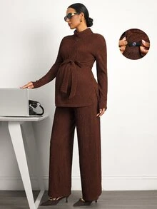 MaterniWear Maternity Two Pieces Set: Brown Side-Slit Top And Trousers (With Nursing Function) – Front-Zip Nursing Access – Elegant Workwear – Autumn Style - Brown - View 2