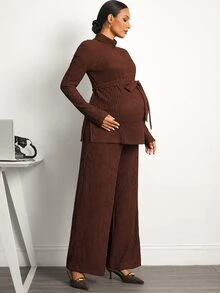 MaterniWear Maternity Two Pieces Set: Brown Side-Slit Top And Trousers (With Nursing Function) – Front-Zip Nursing Access – Elegant Workwear – Autumn Style - Brown - View 6