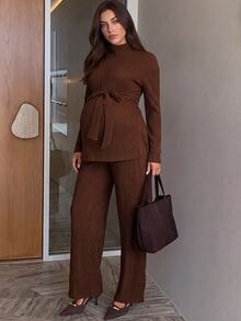 MaterniWear Maternity Two Pieces Set: Brown Side-Slit Top And Trousers (With Nursing Function) – Front-Zip Nursing Access – Elegant Workwear – Autumn Style - Brown - View 4