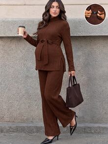 MaterniWear Maternity Two Pieces Set: Brown Side-Slit Top And Trousers (With Nursing Function) – Front-Zip Nursing Access – Elegant Workwear – Autumn Style - Brown - View 1