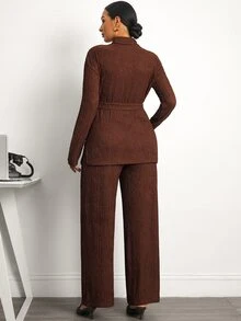 MaterniWear Maternity Two Pieces Set: Brown Side-Slit Top And Trousers (With Nursing Function) – Front-Zip Nursing Access – Elegant Workwear – Autumn Style - Brown - View 5