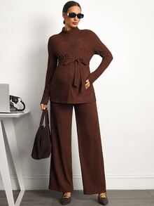 MaterniWear Maternity Two Pieces Set: Brown Side-Slit Top And Trousers (With Nursing Function) – Front-Zip Nursing Access – Elegant Workwear – Autumn Style - Brown - View 7