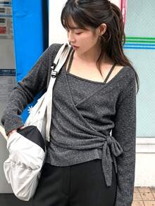 FRIFUL Women's Casual Tie Wrap T-Shirt, Autumn Brunch Dark Grey Brunch Brunch Everyday - Dark Grey - View 1