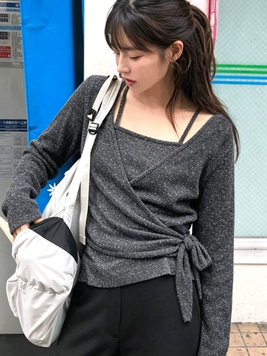 FRIFUL Women's Casual Tie Wrap T-Shirt, Autumn Brunch Dark Grey Brunch Brunch Everyday - Dark Grey - View 1