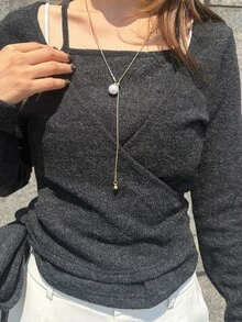 FRIFUL Women's Casual Tie Wrap T-Shirt, Autumn Brunch Dark Grey Brunch Brunch Everyday - Dark Grey - View 5