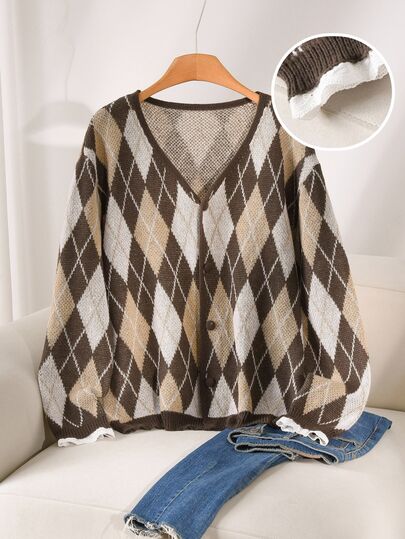 CosyJoli Plus Size Elegant French Casual Lace Diamond Grid Minimalist Elegant Knit Cardigan Sweater Top For Women Winter