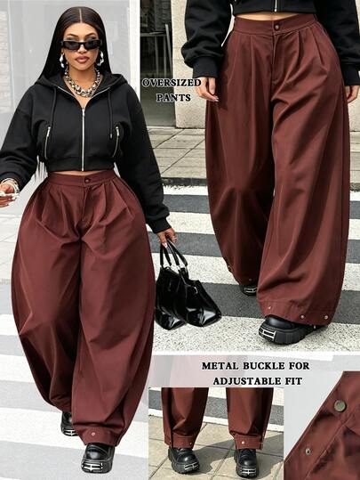 Maweii Plus Size Women's Sexy Solid Color High Waist Pleated Lantern Wide Leg Long Pants, Loose Drape Casual Trousers For Daily Commute, Outings, Personalized Events