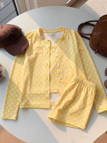 Tween Girl) Casual All-Match Versatile Daily Seasonal Transition Outfit, Open Front Cardigan, Fitted Tank Top And Loose Shorts, Yellow Striped 3 Pieces Set - Yellow - View 3