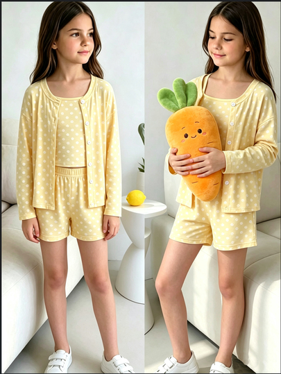 Tween Girl) Casual All-Match Versatile Daily Seasonal Transition Outfit, Open Front Cardigan, Fitted Tank Top And Loose Shorts, Yellow Striped 3 Pieces Set