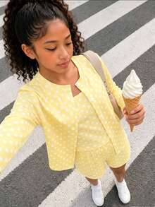 Tween Girl) Casual All-Match Versatile Daily Seasonal Transition Outfit, Open Front Cardigan, Fitted Tank Top And Loose Shorts, Yellow Striped 3 Pieces Set - Yellow - View 2